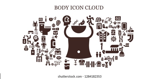  body icon set. 93 filled body icons. Simple modern icons about  - Abs, Genetic, Mirror, Head, Stomach, Run, Tshirt, Dumbbell, Stationary bike, Powder, Ossuary, Fitness step, Breast