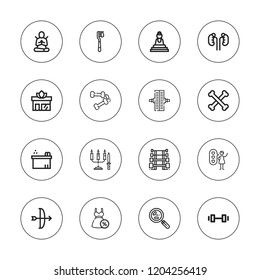 Body icon set. collection of 16 outline body icons with arc, bacteria, barbell, buddha, bones, dumbbell, dress, joint, meditate, kidneys, ritual, toothbrush icons.