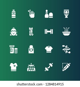 body icon set. Collection of 16 filled body icons included d printing pen, Dumbbell, Mass, Tshirt, Dna, Nails, Vitamins, Incense, Woman, Toilet, Make up, WASHING HANDS, Shampoo