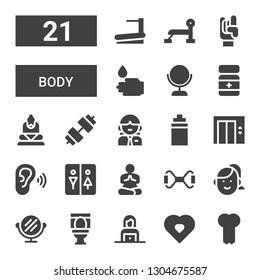 body icon set. Collection of 21 filled body icons included Bone, Pregnancy, Woman, Toilet, Mirror, Chest expander, Yoga, Restroom, Listen, Lift, Isotonic, Dumbbell, Buddha, Powder