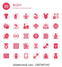 body icon set. Collection of 30 filled body icons included Bone, Antiseptic, Meditation, Incense, Body, Clap, Running, Make up, Mirror, Mass, Woman, Chest expander, Dna, Manchester city