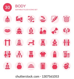 body icon set. Collection of 30 filled body icons included Buddha, Arm, Dna, Incense, d printing pen, Lips, Woman, Meditate, Make up, Bone, Pull up, Bench press, Human body, Yoga