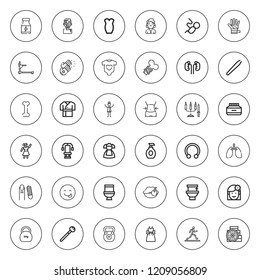 Body icon set. collection of 36 outline body icons with baby clothes, barbell, bone, chest, clap, dancer, dumbbell, dress, fetus, hair removal, injury icons. editable icons.