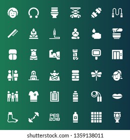 body icon set. Collection of 36 filled body icons included Toilet, Mat, Shampoo, Pes, Dumbbell, Broken leg, Lips, Jumping rope, Workout, Tshirt, Family, Woman, Dragonfly, Powder