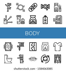 body icon set. Collection of Traditional dance, Acupuncture, Gender fluid, Vitamin, Genes, Aromatherapy, Dna, Sunscreen, Mirror, Wc, Tattoo machine, Pole dance, X ray icons