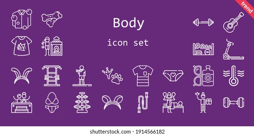 conjunto de iconos de cuerpo. estilo de icono de línea. iconos relacionados con el cuerpo como loción solar, estación de gimnasia, bragas, jacuzzi, piedras calientes, dumbbell, peso, ejercicio, barbacoa, guitarra, cuerda saltadora, orejas, camisa, huella