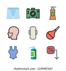 body icon set. vector set about swimsuit, plastic surgery, soap dispenser and liquid soap icons set.