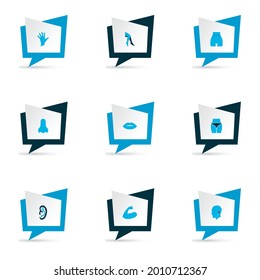 Körpersymbole mit farbigem Set aus Bauch, Ohr, Arm und anderen Handelementen. Isolierte Vektorgrafik-Körpersymbole.