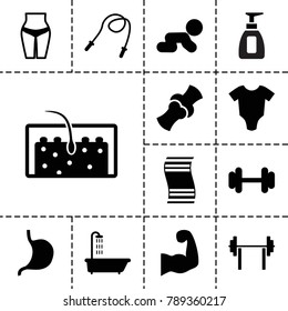 Body icons. set of 13 editable filled body icons such as shower, baby onesie, crawling baby, waist fitness, skipping rope, barbell, stomach, bone, hair, muscular arm