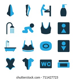 Body icons set. set of 16 body bi-color icons such as baby changing room, shower, baby onesie, soap, baby crawl, nose, cream box, bottle soap, wc, male wc, female wc, tights