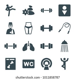 Body icons. set of 16 editable filled body icons such as wc, male wc, waist fitness, skipping rope, man doing exercises, barbell, mri, x ray, man with broken arm, shower