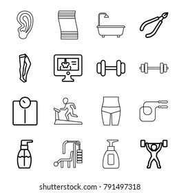 Body icons. set of 16 editable outline body icons such as woman in spa, bottle soap, tights, floor scale, barbell, x-ray on display, power lifter, shower, ear, treadmill