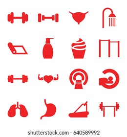 Body icons set. set of 16 body filled icons such as cream, barbell, bottle soap, shower, treadmill, mri, heart with muscles, stomach, lungs, bladder, horizontal bar