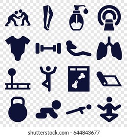 Body icons set. set of 16 body filled icons such as baby onesie, barbell, tights, mri, push up, abdoninal workout, soap, x ray, kettle, judo, crawling baby, fintess equipment