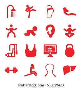 Body icons set. set of 16 body filled icons such as ear, shower, sport bra, liver, abdoninal workout, x-ray on display, kettle, barbell   isolated, skipping rope