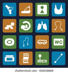 Body icons set. set of 16 body filled icons such as soap, cream box, cotton buds, wc, female wc, sport bra, treadmill, mri, broken leg or arm, skipping rope, crawling baby