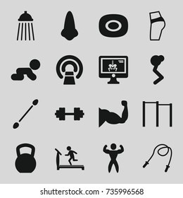 Body icons set. set of 16 body filled icons such as soap, nose, treadmill, cotton buds, muscle, mri, x-ray on display, shower, bodybuilder, barbell   isolated, crawling baby