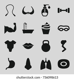 Body icons set. set of 16 body filled icons such as shower, baby onesie, soap, nose, cream, bra, barbell, muscle, stomach, love, lungs, kettle, skipping rope