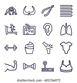 body icons set. Set of 16 body outline icons such as towels, baby onesie, ear, cream, woman in spa, bra, treadmill, barbell, sport bra, muscle, hair, lungs, broken leg or arm