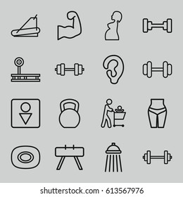 Body icons set. set of 16 body outline icons such as soap, ear, barbell, Male WC, treadmill, pregnant woman, shower, muscular arm, father with not in shopping cart