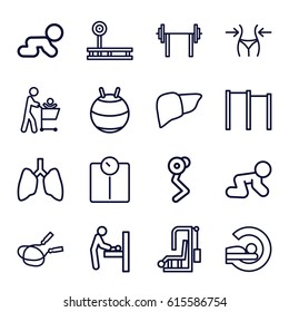 Body icons set. set of 16 body outline icons such as baby changing room, baby crawl, jump rope, slim, MRI, liver, crawling baby, father with not in shopping cart