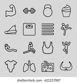 Body icons set. set of 16 body outline icons such as towels, baby onesie, cream, bra, sport bra, floor scales, treadmill, abdoninal workout, hair, kettle, muscular arm