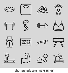 Body icons set. set of 16 body outline icons such as baby crawl, lips, treadmill, wc, sport bra, bodybuilder, muscular arm, judo, barbell, floor scales, waist fitness