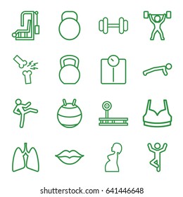 Body icons set. set of 16 body outline icons such as sport bra, barbell, love, pregnant woman, lungs, broken leg or arm, kettle, power lifter, kettle bell, fintess equipment