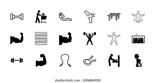 Body icons. set of 18 editable filled and outline body icons: baby changing room, father with not in shopping cart, muscle, hair, pregnant woman, muscular arm, power lifter