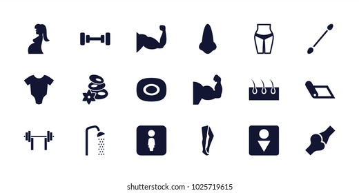 Body icons. set of 18 editable filled body icons: baby onesie, soap, nose, barbell, spa stones, cotton buds, male wc, tights, waist fitness, carpet, muscle, shower, female wc