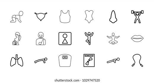 Body Icons. Set Of 18 Editable Outline Body Icons: Nose, Female Wc, Skipping Rope, Man Doing Exercises, Lungs, Bladder, Push Up, X Ray, Power Lifter, Lips, Corset, Sport Bra