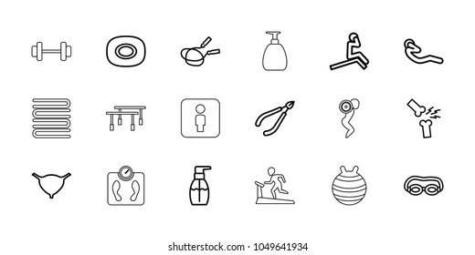 Body icons. set of 18 editable outline body icons: soap, woman in spa, jump rope, bottle soap, man doing exercises, swimming glasses, bladder, abdoninal workout
