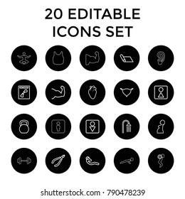 Body icons. set of 20 editable outline body icons such as woman in spa, shower, male wc, female wc, kettle bell, muscle arm. best quality body elements in trendy style.