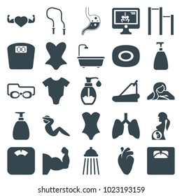 Body icons. set of 25 editable filled body icons such as baby onesie, soap, corset, floor scales, lungs, treadmill, heart with muscles, heart organ, x-ray on display, shower