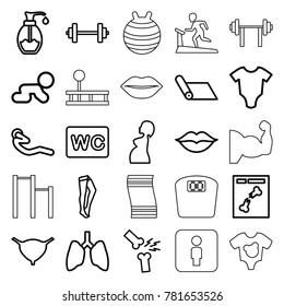 Body icons. set of 25 editable outline body icons such as baby onesie, wc, tights, crawling baby, barbell, carpet, lungs, bladder, abdoninal workout, soap, x ray, love