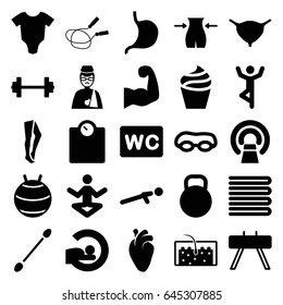 Body icons set. set of 25 body filled icons such as towels, baby onesie, cream, jump rope, slim, cotton buds, wc, tights, mri, stomach, heart organ, bladder, push up, hair