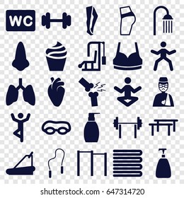 Body icons set. set of 25 body filled icons such as towels, nose, soap, cream, bottle soap, shower, wc, tights, sport bra, barbell, treadmill, heart organ, man with broken arm