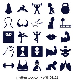 Body icons set. set of 25 body filled icons such as baby crawl, nose, woman in spa, bra, jump rope, male wc, female wc, sport bra, floor scales, love, man with broken arm