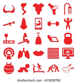 Body icons set. set of 25 body filled icons such as towels, baby onesie, nose, lips, soap, bra, treadmill, jump rope, shower, mri, push up, x-ray on display, broken leg or arm