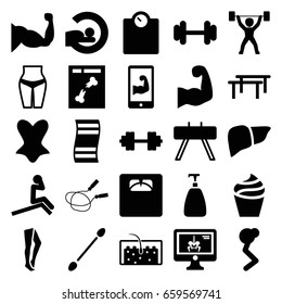 Body icons set. set of 25 body filled icons such as soap, cream, jump rope, cotton buds, tights, corset, floor scales, barbell, muscle, mri, liver, x ray, hair