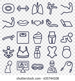 Body icons set. set of 25 body outline icons such as soap, baby crawl, lips, cream, bottle soap, sport bra, corset, floor scales, muscle, heart with muscles, abdoninal workout