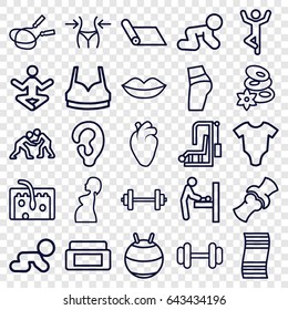 Body icons set. set of 25 body outline icons such as baby changing room, baby onesie, ear, cream box, lips, jump rope, spa stones, slim, sport bra, barbell, heart organ, bone