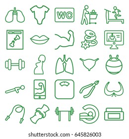 Body icons set. set of 25 body outline icons such as baby onesie, cream box, lips, woman in spa, bra, treadmill, spa stones, wc, barbell, mri, lungs, bladder, push up, bone