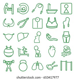 Body icons set. set of 25 body outline icons such as baby changing room, shower, woman in spa, bra, treadmill, jump rope, spa stones, female wc, sport bra, mri, liver