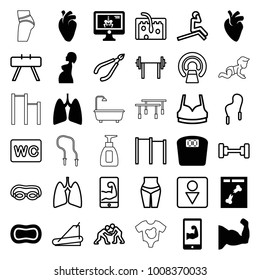Body icons. set of 36 editable filled and outline body icons such as muscle arm, heart organ, x ray, pregnant woman, x-ray on display, lungs, muscular arm  on phone