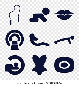 Body icons set. set of 9 body filled icons such as soap, corset, MRI, abdoninal workout, love, skipping rope, crawling baby
