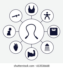 Body icons set. set of 9 body filled icons such as sport bra, floor scales, heart organ, push up, pregnant woman, shower, skipping rope, muscle arm