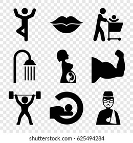 Body icons set. set of 9 body filled icons such as shower, MRI, love, man with broken arm, pregnant woman, power lifter, father with not in shopping cart, muscle arm