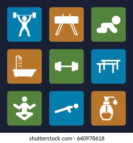 Body icons set. set of 9 body filled icons such as shower, push up, soap, power lifter, barbell, crawling baby, fintess equipment, horizontal bar