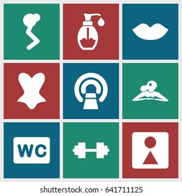 Body icons set. set of 9 body filled icons such as lips, woman in spa, wc, female wc, corset, mri, soap, barbell   isolated